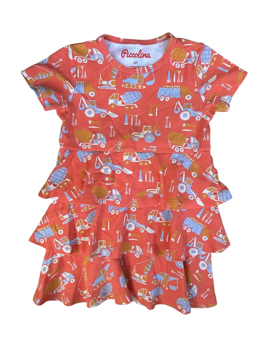 Piccolina Orange Construction Vehicles Trucks Ruffle Dress 4T Pristine